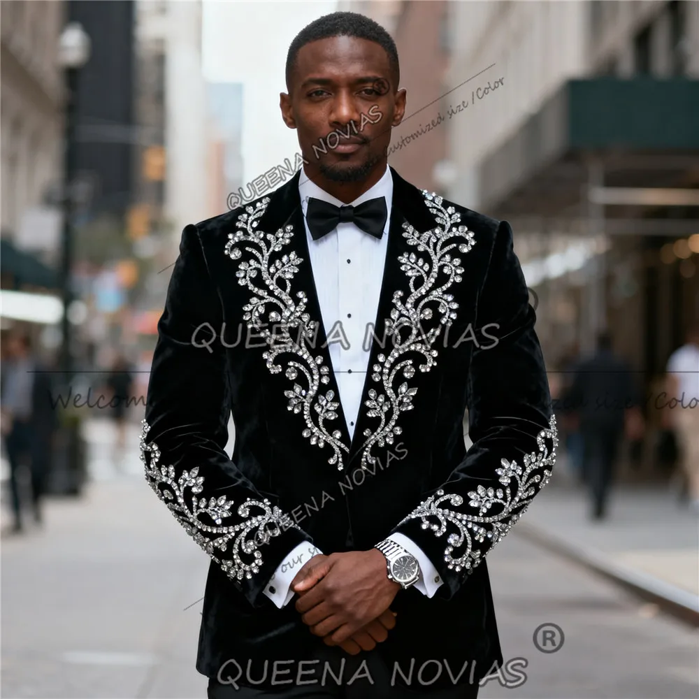 Bright Diamond Beaded Wedding Suits For Men Notched Lapel Male Prom Blazers Slim Fit Groom Tuxedos 2 Pieces Costume Homme Luxury