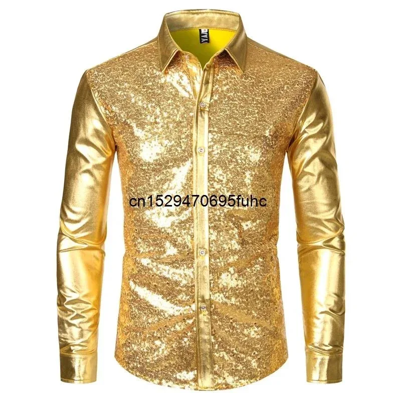 

Lili 123Мужская дискотека с блестящими золотыми пайетками и металлическим дизайном, классическая рубашка с длинными рукавами на пуговицах, Рождество, Хэллоуин, день рождения, вечеринка, сцена C