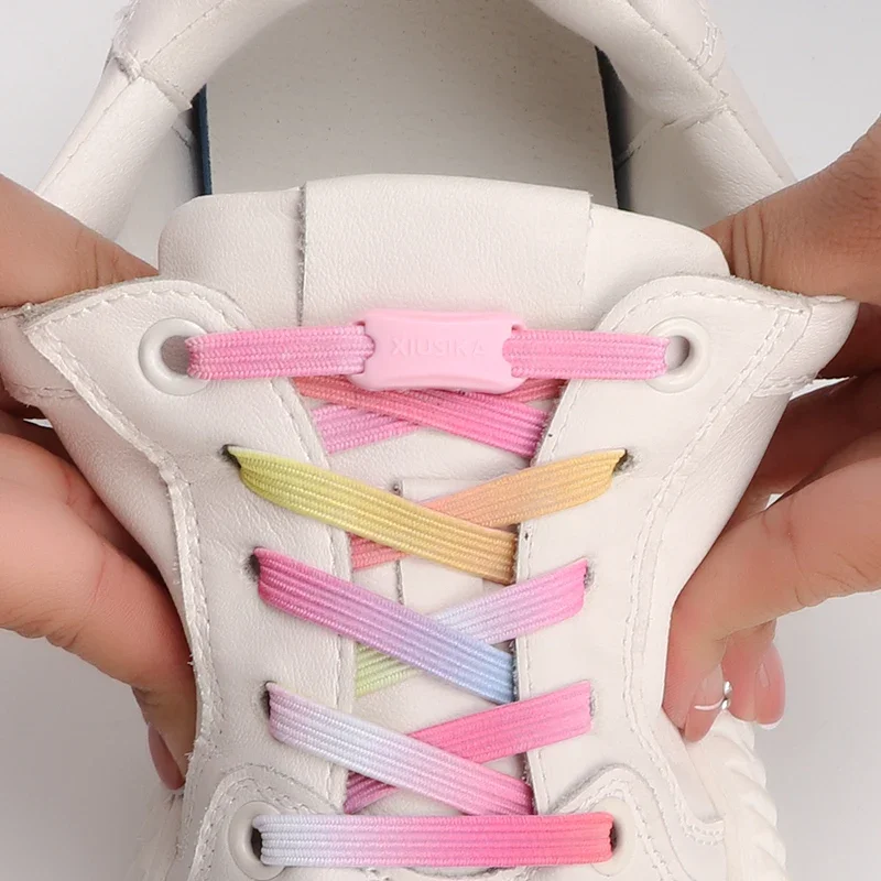 Elastic Lazy No Tie Shoelace Kit Flat Rainbow Stretch Replacement Shoe Laces with Press Lock Easy Install Decorative Shoelaces