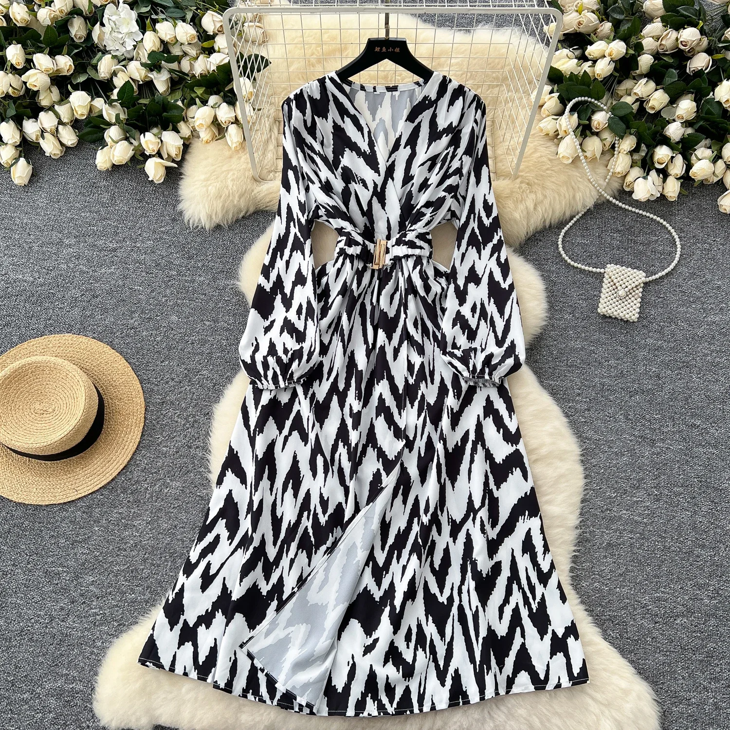 Chic V-neck Vintage Long Lantern Sleeve Elegant Zebra Stripes Slim Sashes Split Dress French Evening High Street Autumn Clothing