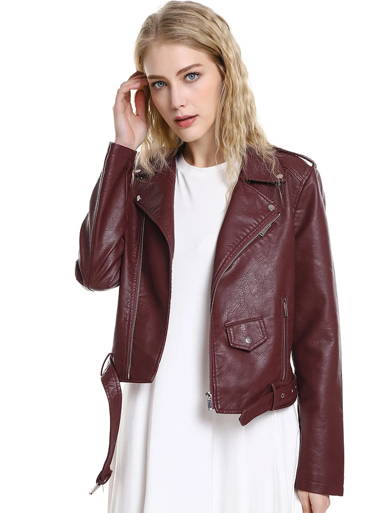 FTLZZ Spring Autumn Women Faux Leather Jacket Soft PU Zip Up Motorcycle Short PU Moto Biker Outwear Fitted Slim Coat with Belt