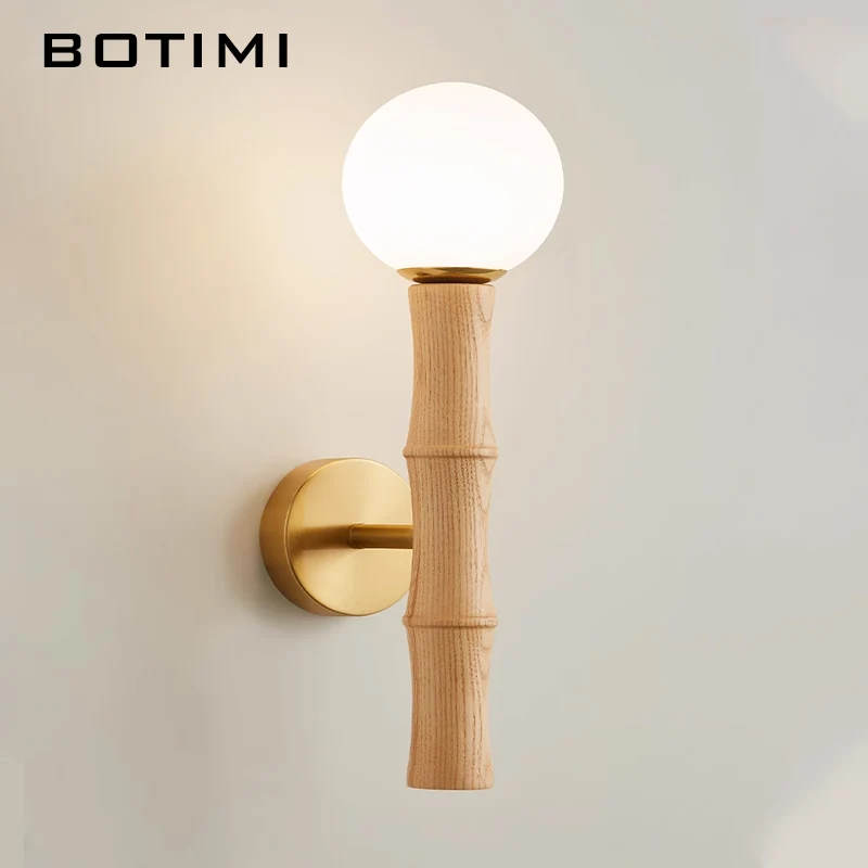 BOTIMI Golden Base Solid Wood Wall Lamp Modern Glass Bedside Luminaires Nordic Home Decorative Round Wall Sconce (Bulb For Free