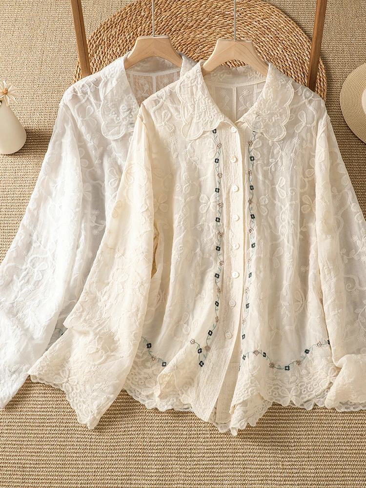 Korean Japanese High End Lace Embroidery Long Sleeve Women's Shirt Summer plus Size Slimming Sun Protection Open Cardigan Top