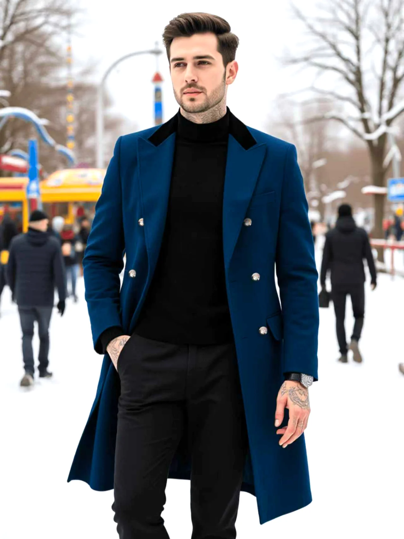 

Men's Wool Coat Trench Coat Winter Fashion Thickened Warm Trench Coat Double-Breasted Trench for Outdoor Commute Windbreaker