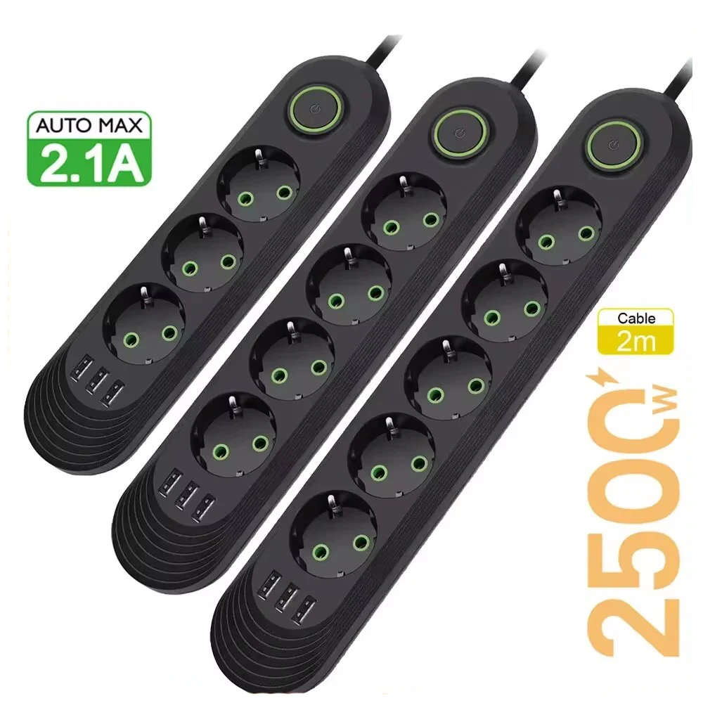 2500W EU Plug AC Outlet Multiprise Power Strip 2m Extension Cord Electrical Socket Network Filter With USB Ports Fast Charging