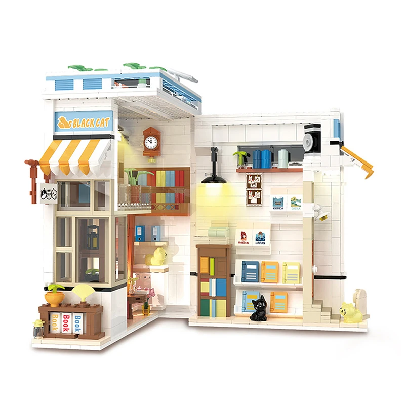 Sujetalibros de construcción de paisaje urbano con Kit de tira de luz, librería de micropartículas, tienda de flores de café, juguete de ensamblaje para regalos de niños