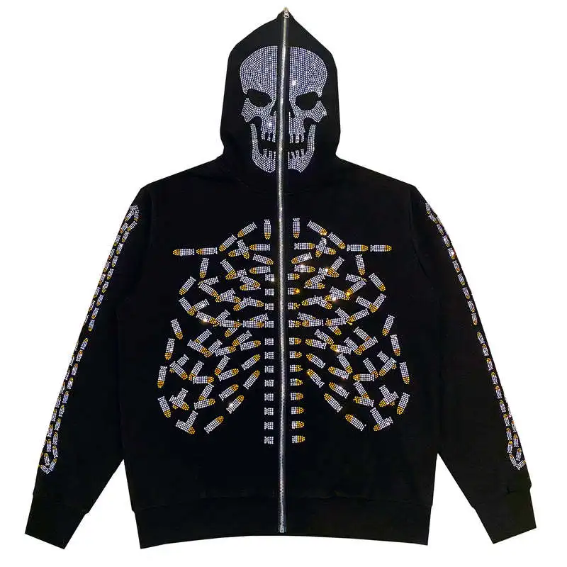 Y2K Skeleton Rhinestone oodies Women Gothic Hoodie Zip Up Casual Sweatshirts Punk Retro Harajuku Hooded Woman Jacket Streetwear