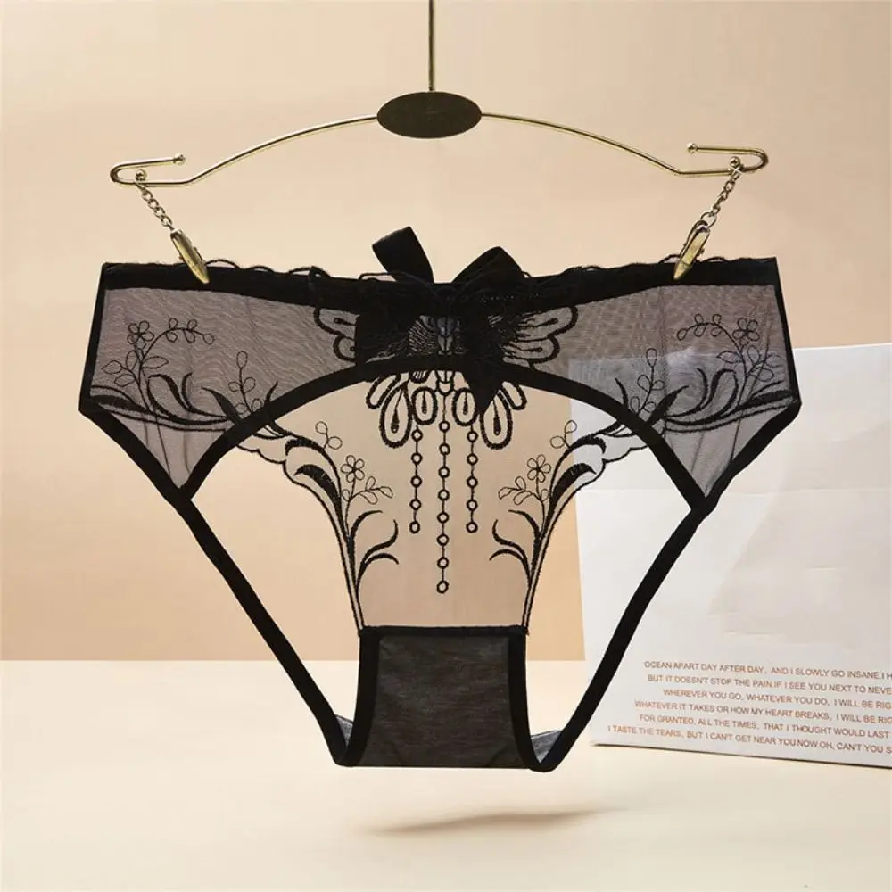 

Low Waist Bowknot Lace Hollow Briefs Thin Leaf Flower Mesh Transparent Panties Female Lingerie Underpants