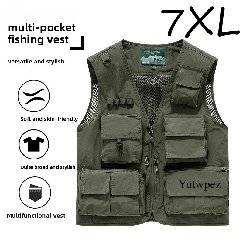 Men's Sleeveless Jacket Embroidered Vest Padded Outdoor Hiking Work Multi Pocket Lightweight Fishing Clothing Hunting Camping