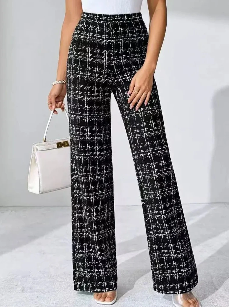 

Women's High Waist Straight Leg Trousers - Comfortable Woven Plaid Pants for Spring Autumn, Loose Casual Sweatpants Style