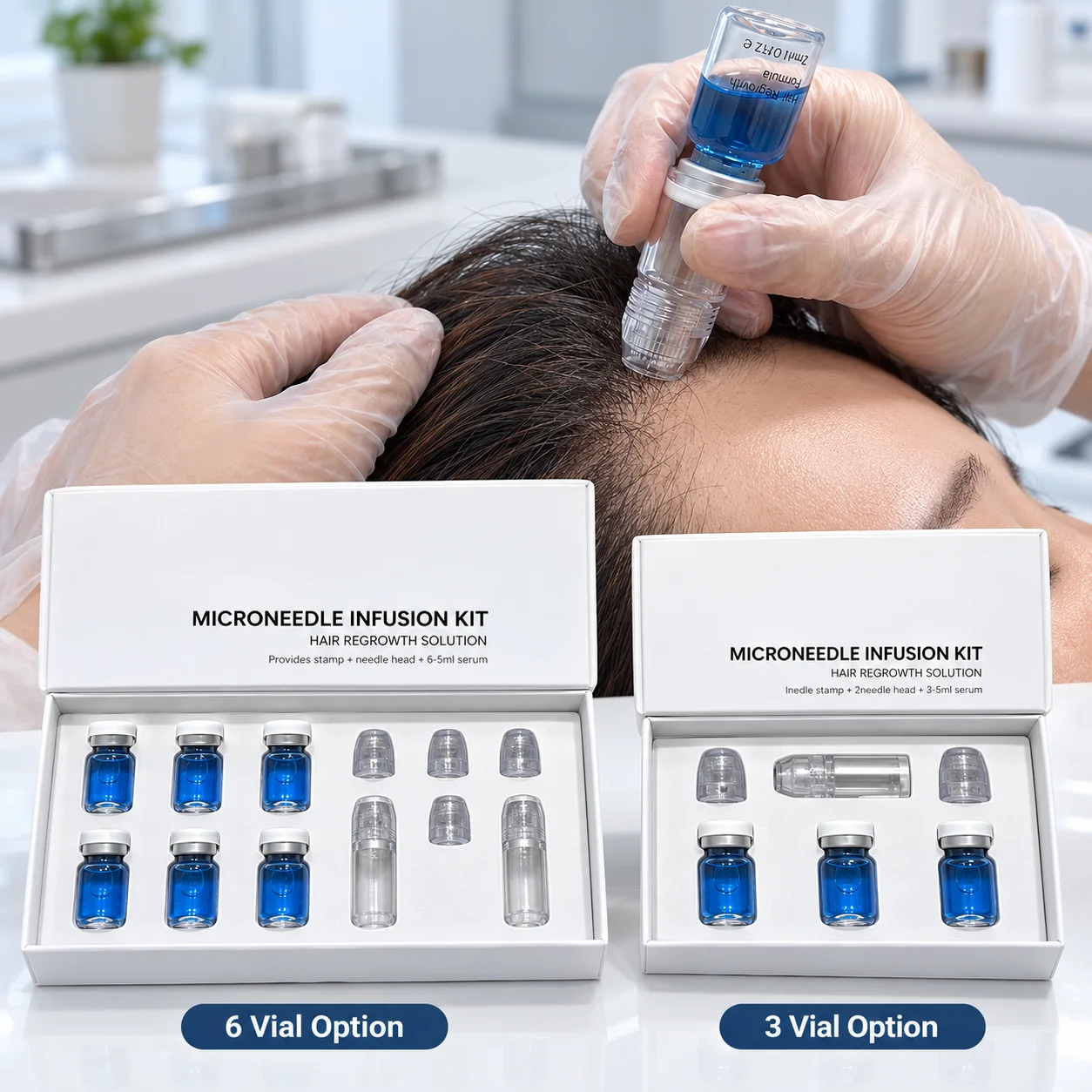 Scalp Serum Microneedle Kit With Blue Copper Peptide Formula Clear Vials And Handheld Applicator With Separate Heads In A Box