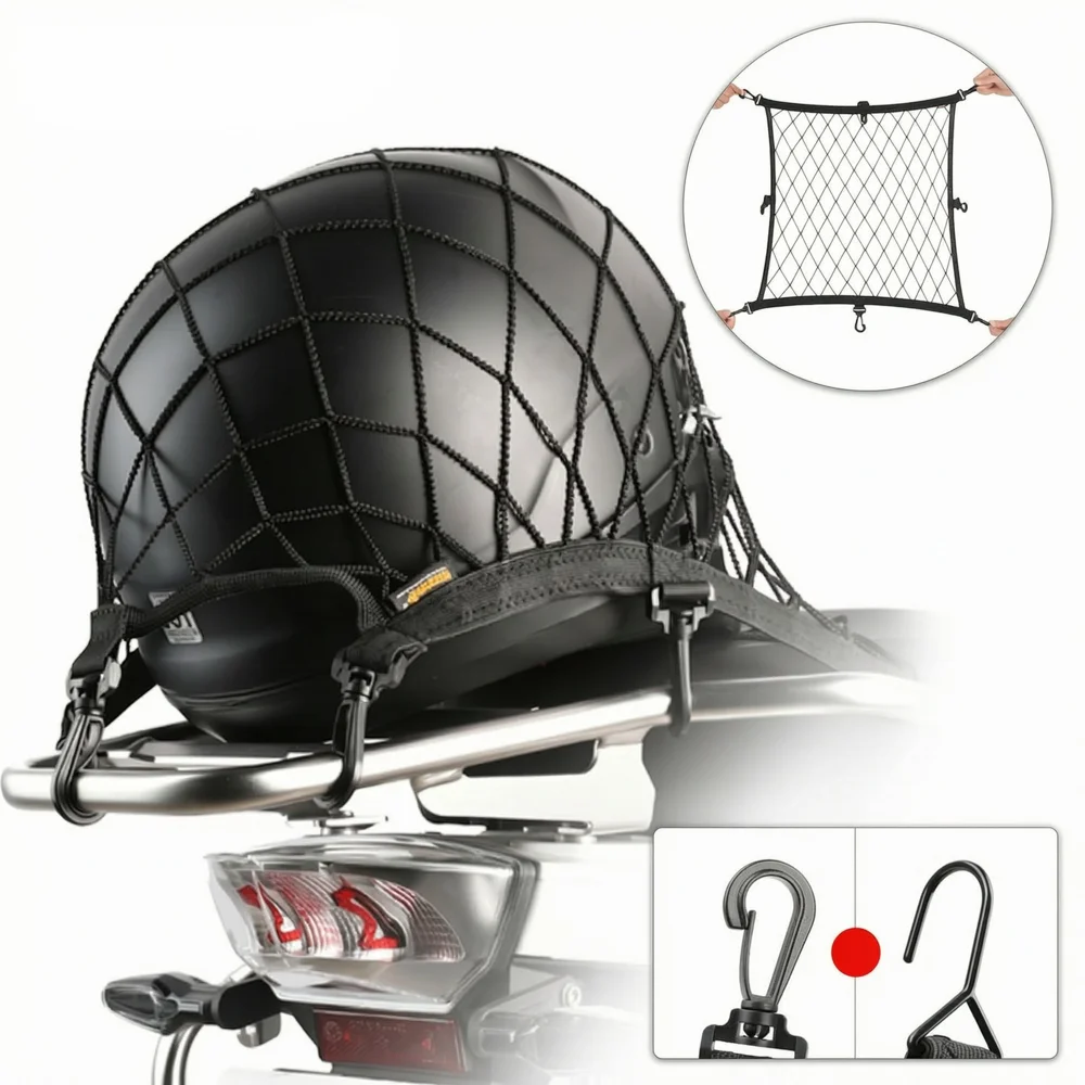 Motorcycle Helmet Holder Net, 8 Metal & Plastic Hooks, Motorbike Luggage Mesh Net, Storage Trunk Bag Accessories