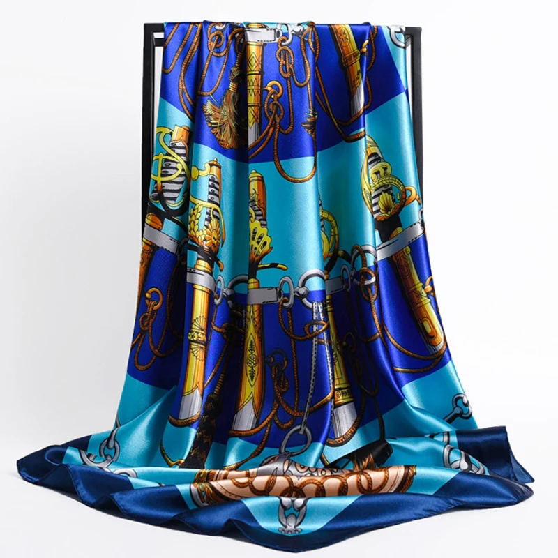 Luxury 90X90CM Satin Kerchief Four Seasons New Silk Scarves Fashion Letter Print Headcloth Popular Sunscreen Square Shawls