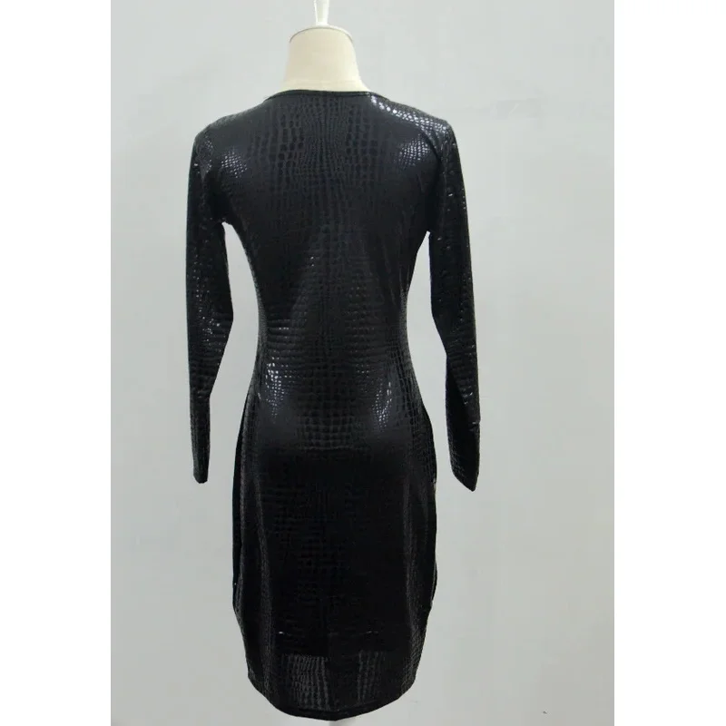 

RT01 S-XXXL Women Wetlook Leather Dress Long Sleeve Zipper Snakeskin Faux Leather Bodycon Dress Club Party Vestidos Plus Siz*Jk2