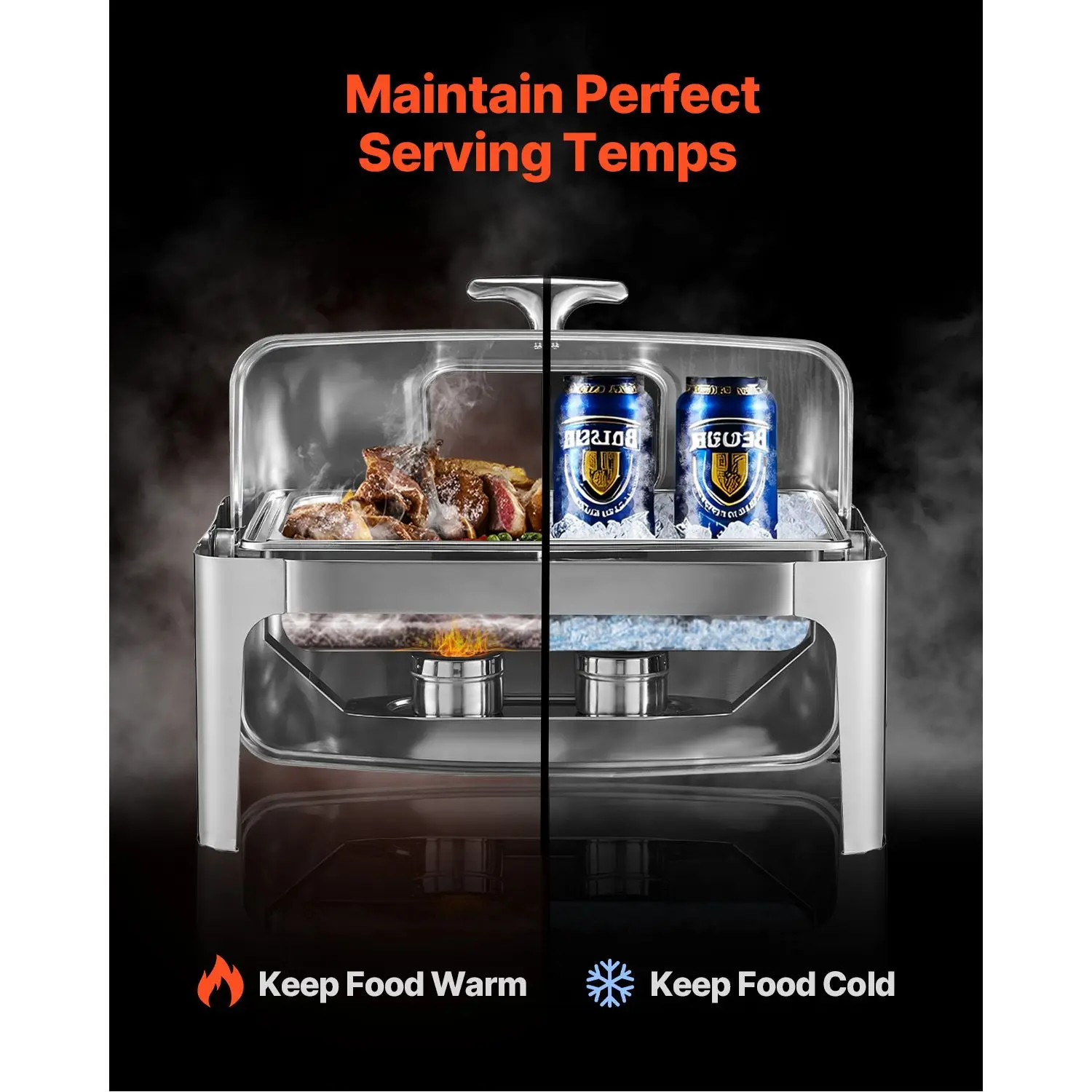 Roll Top Chafing Dish Buffet Complete Set, 9 Qt 1 Pack Stainless Steel Chafer with 2 Half Size Pans, Rectangle Catering Warmer