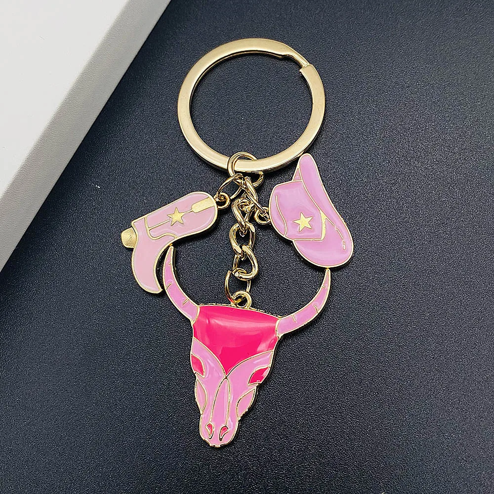 New Western Cowboy Style Keychain Pink Cowgirls Cowhead Hat Boots Pendant Keychains for Women Bag Men Car