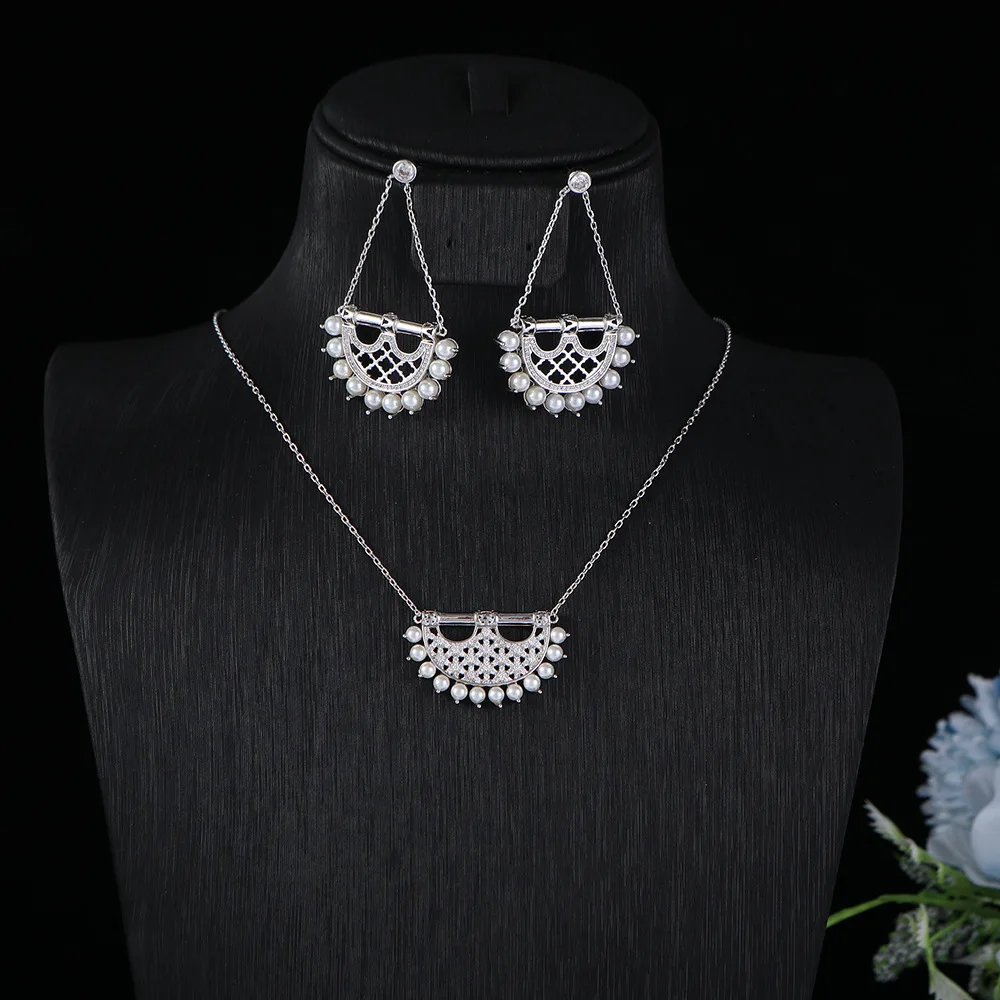 HIBRIDE Classic pearl sliver color pendant long life lock necklace earrings everyday decorative jewelry wedding prom gift 1069