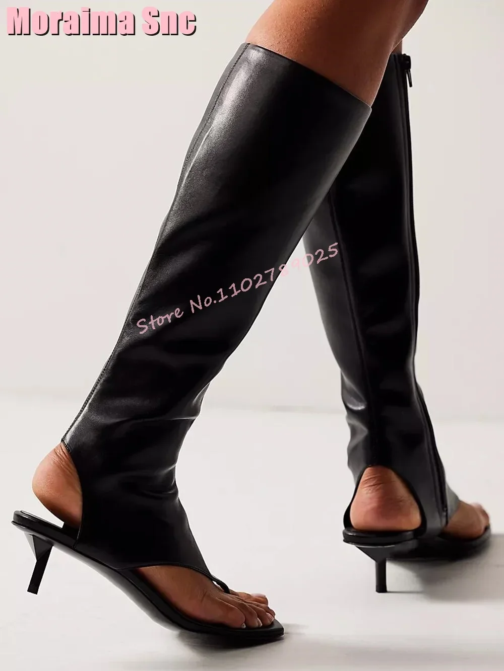 

Fashion Hollow Clip Toe Strange Heel Knee High Boots Side Zipper Runway Black Solid Sexy Elegant Women Shoes Summer 2025 Newest