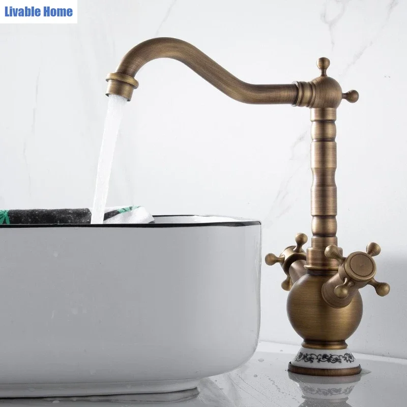 Vintage Brass Luxury Double Handle Kitchen Faucet Hot Cold Splash Proof Water Tap Home Kitchen Sink Washing Basin Retro Luxury
