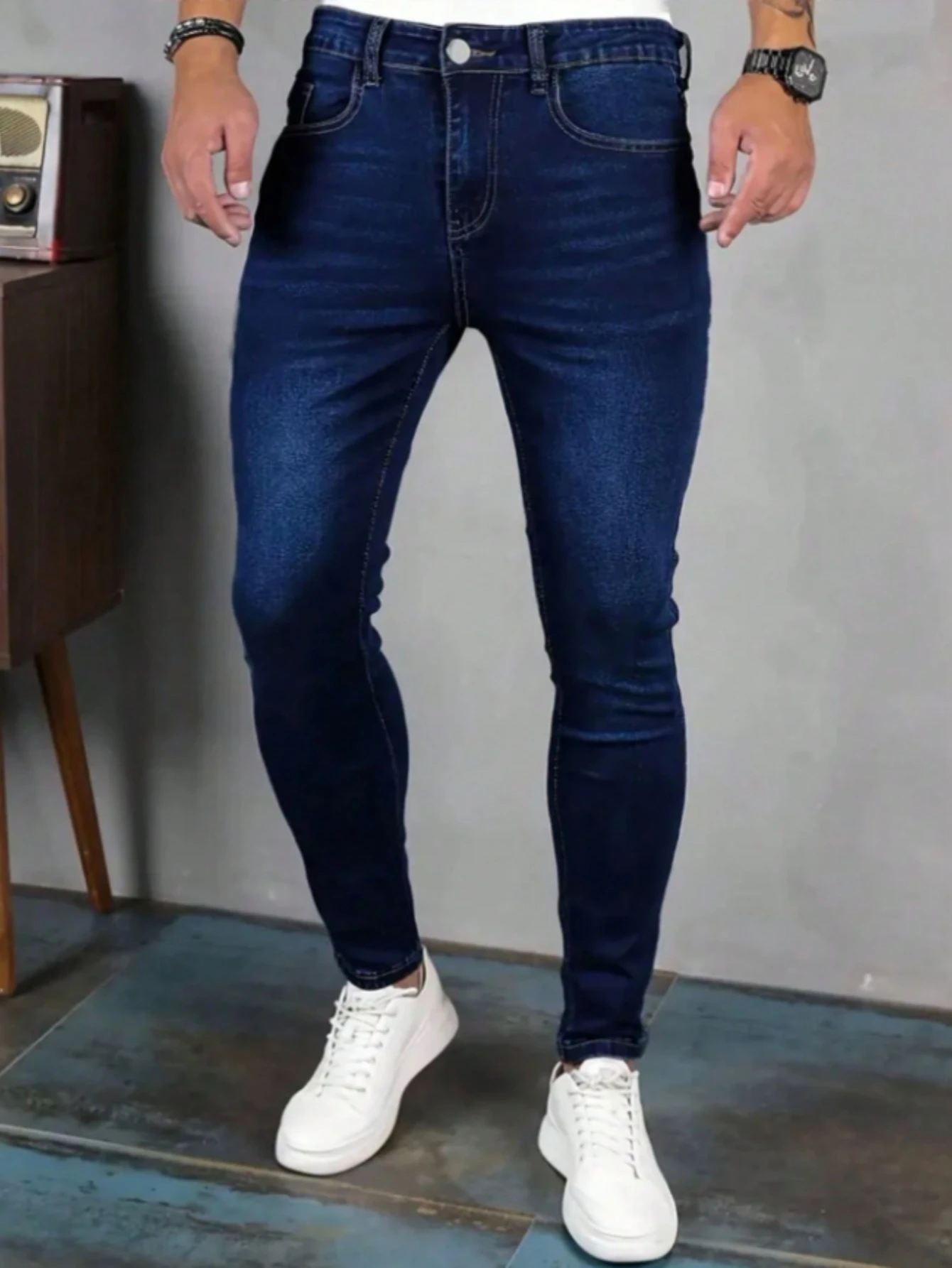 Men's Dark Blue Slim Fit Skinny Jeans, Stretch Washed Versatile Casual Denim Trousers for All Seasons