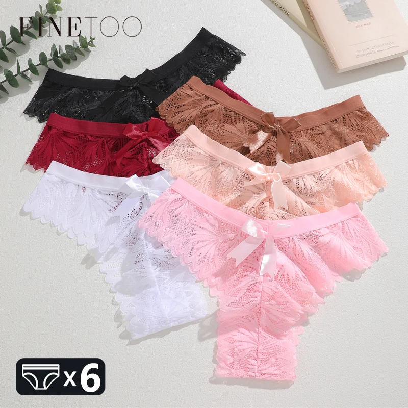 6er-Set Übergrößen-Dessous für Damen: Sexy, atmungsaktive, tief sitzende Höschen mit Spitze und Aushöhlungen, einfarbig, bequeme Slips, Lingerie