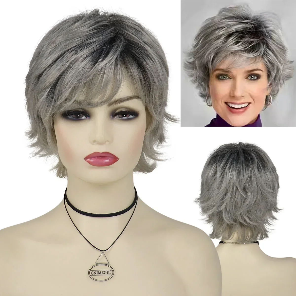 

Synthetc Wigs for White Women Ombre Gray Short Hair Curly Wig with Bangs Layered Haircut Hairstyle Wig