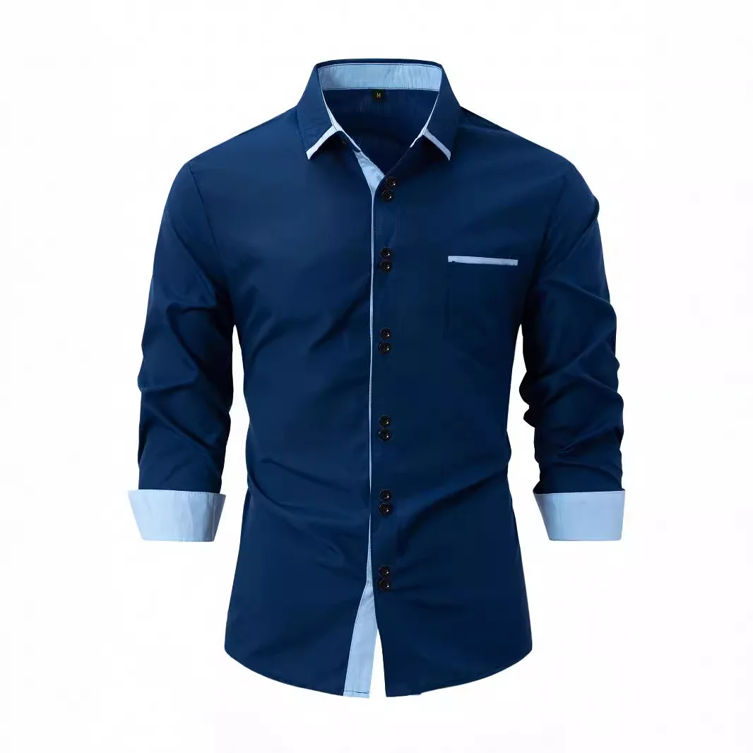 

Stylish Cotton Blended Color Flap Collar Slim Fit Casual Long Sleeve Men's Shirt