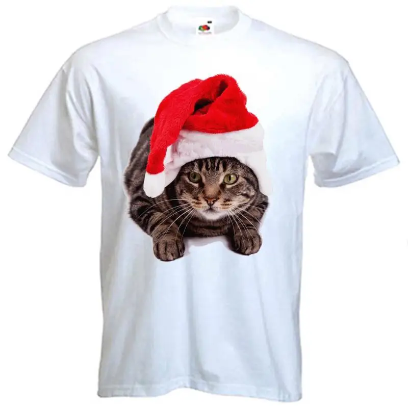 

Рождественская футболка с котом Санта-Клаус, забавная новинка, подарок отца, кошки, котенка