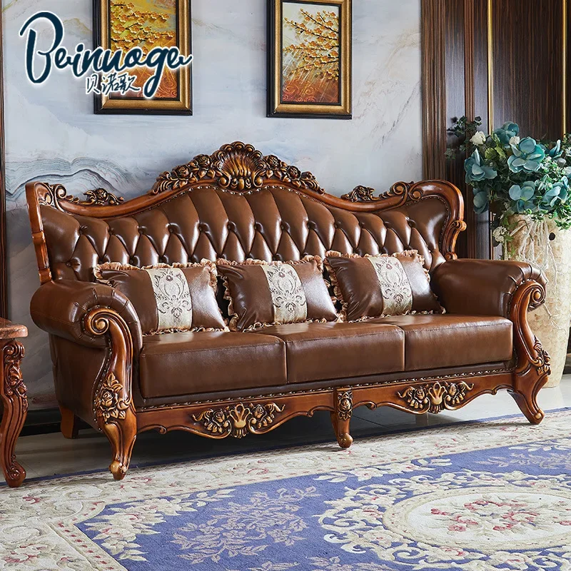 European Style Leather Sofa Combination Top Layer Leather Solid Wood Corner Villa 123 Carved Living Room Furniture ng16