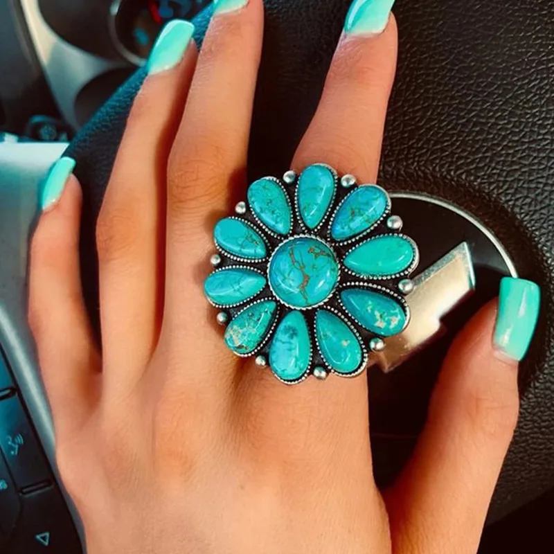 Western Jewelry Turquoise Flower Rings For Women Boho Silvertone Rings Adjustable Vintage Blue Stone Joint Knuckle Finger Rings