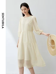 SENTUBILA Women Elegant A Line Loose Dresses  2024 Summer Crew Neck Hollow Out Three Quarter Puff Sleeve Fold Dress 142L54259