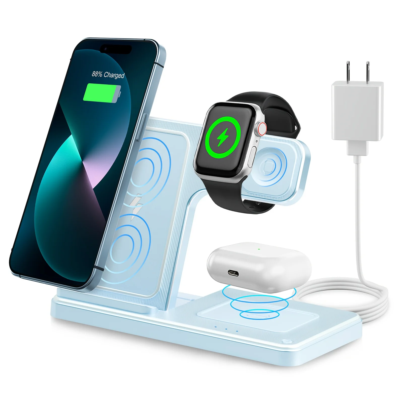Support de chargeur sans fil magnétique 15W pliable 3-en-1 à charge rapide pour iPhone 17-12 Pro Max, Apple Watch 8 7, Airpods Pro