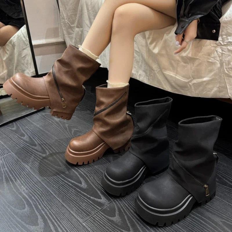 

Осенне-зимние женские ботильоны на толстой подошве на платформе, дизайнерские кожаные современные короткие женские ботинки с пряжкой на ремне в стиле панк