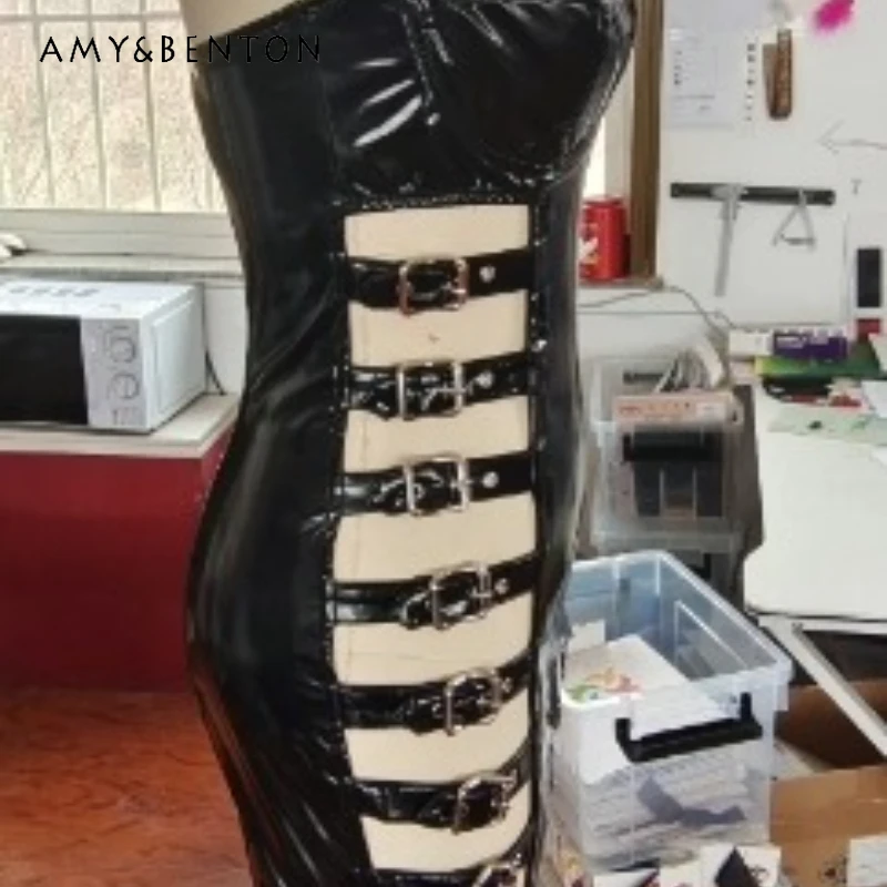 

Original Design Gothic Dark New Sweet Cool Temperament PU Tight-Fitting Women's Dress Punk Sexy Hollow-Out Short Dresses Ladies