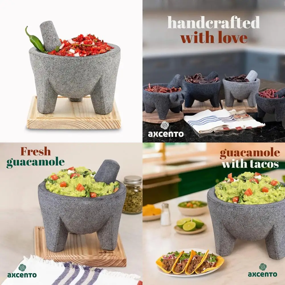 

Handcrafted 8 Mexican Volcanic Stone Molcajete Set with Pestle, Cutting Board, and 750ml Guacamole Bowl