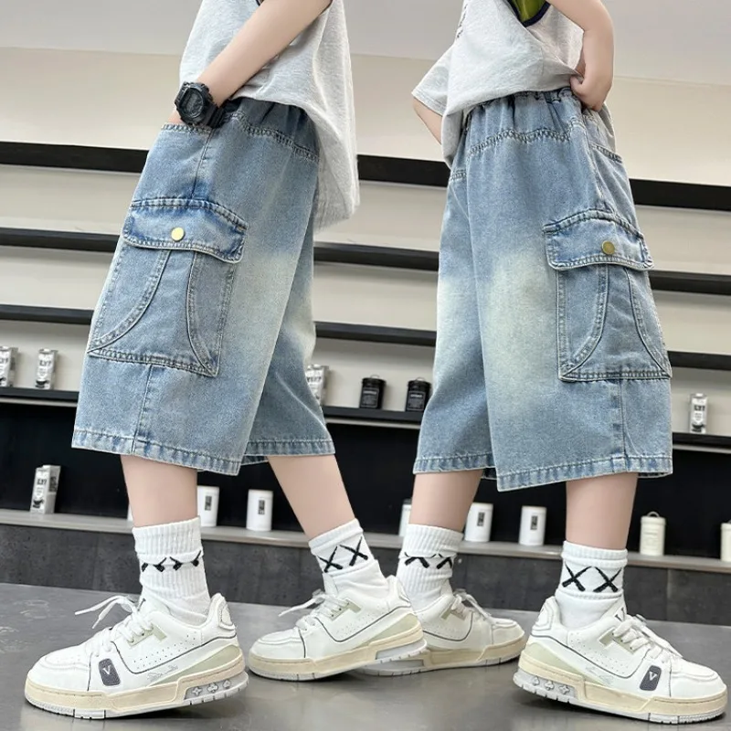 4-14Yrs Boys Shorts UNITIM Summer Children Boys Suspenders Shorts Elastic Waist Junior Boys Denim Shrots Kids Boys Overalls