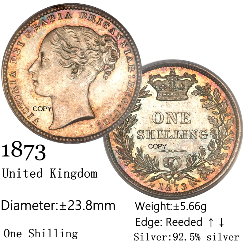 United Kingdom 1873 92.5% Silver Coin Copy 1 One Shilling Victoria Young Head Great Britain Collection Comeomorative