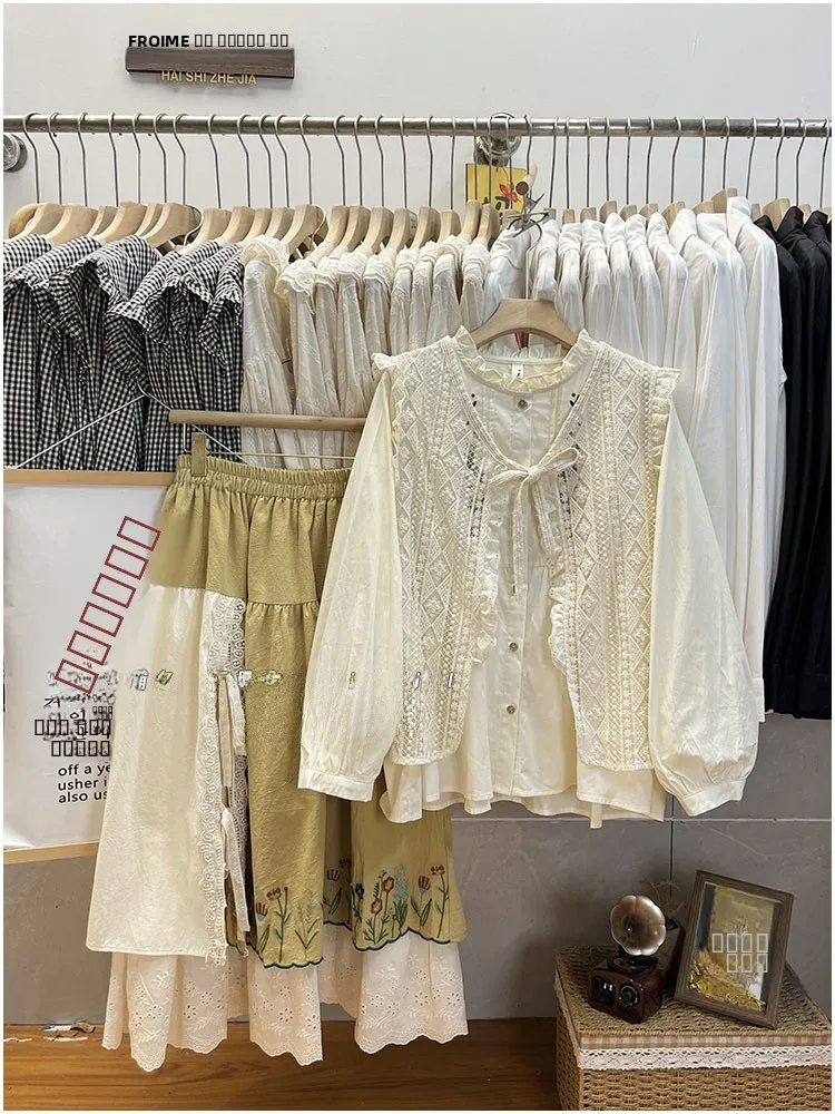 เสื้อกั๊กผูกเชือกสไตล์ญี่ปุ่น แต่งลูกไม้ ดีไซน์หวาน ไซส์เล็ก ช่วยพรางหุ่น เสื้อคลุมแฟชั่นผู้หญิง สำหรับฤดูใบไม้ผลิ