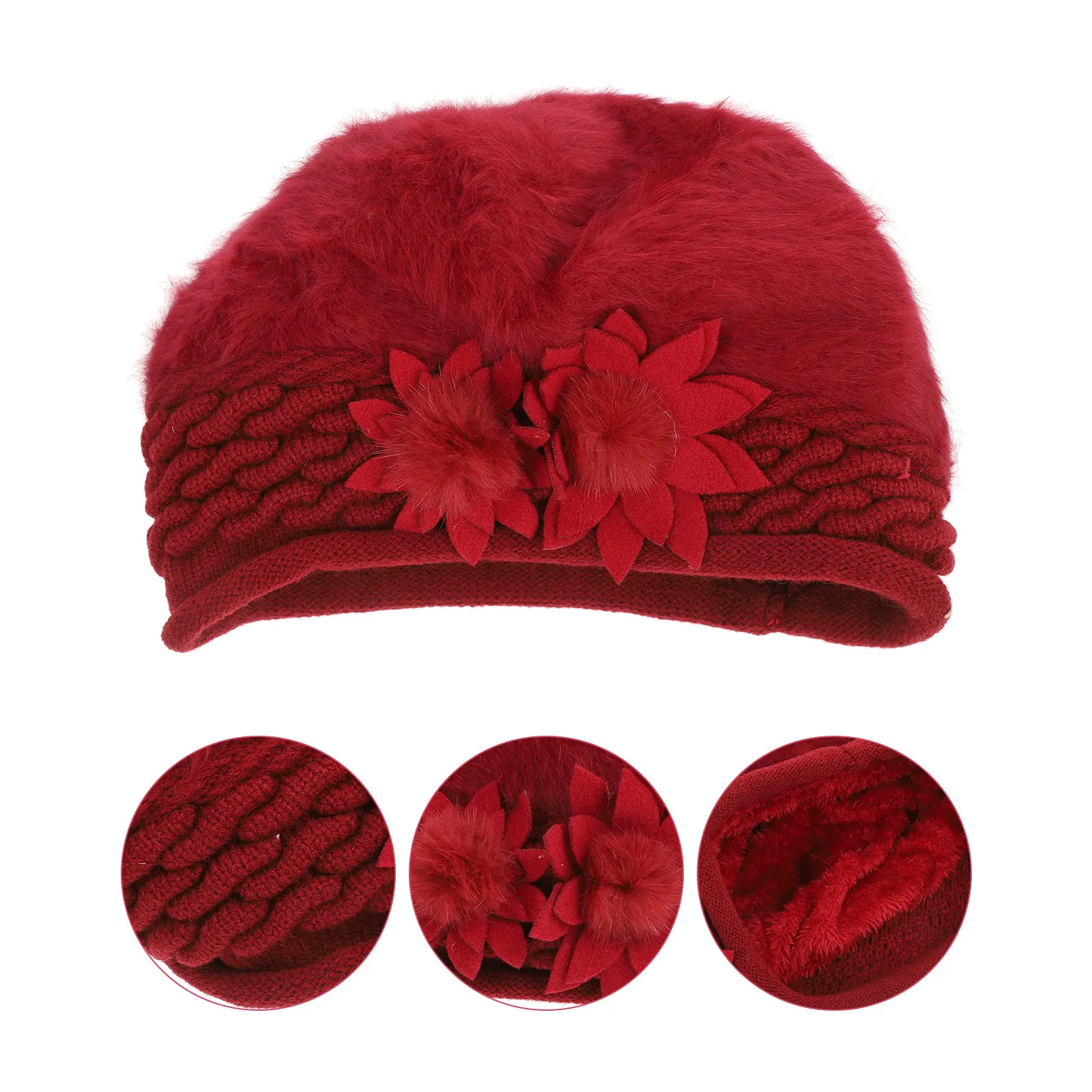 

Thickened Double Layer Warm Knitted Wool Hat For Women Red Elegant Side Flower Design Snow Sports Outdoor Leisure Cap
