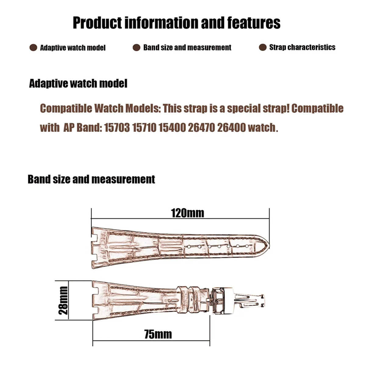 A43M Compatible for 28mm Audemars/Piguet/AP/Royal/Oak Offshore Watch 15703 15710 15400 26470 26400 Watch Band Black