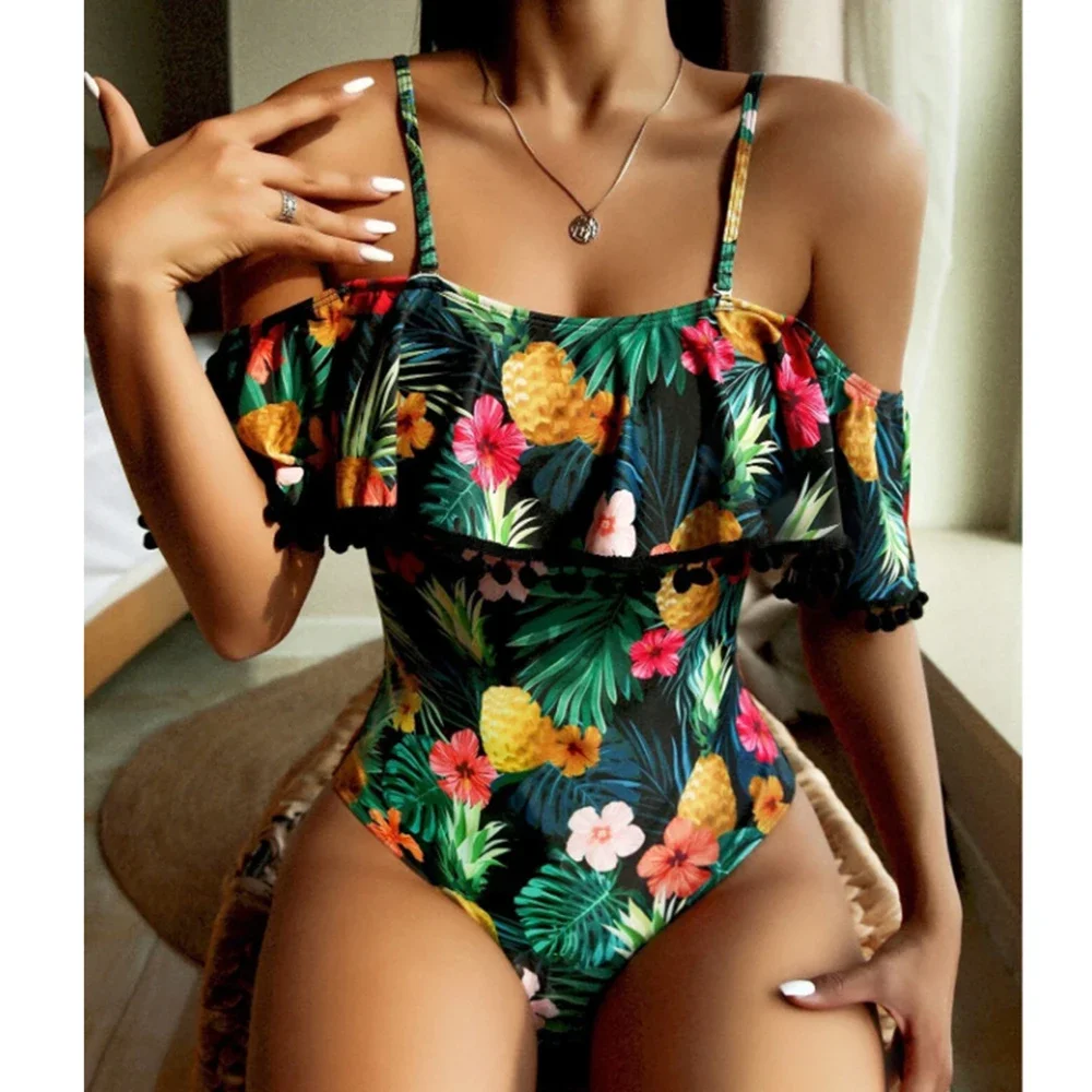 2022 Sexy One Piece Swimsuit Classic Off Shoulder Women Swimwear Ruffle Monokini Retro Black Bodysuit Vintage Bathing Suit Girls