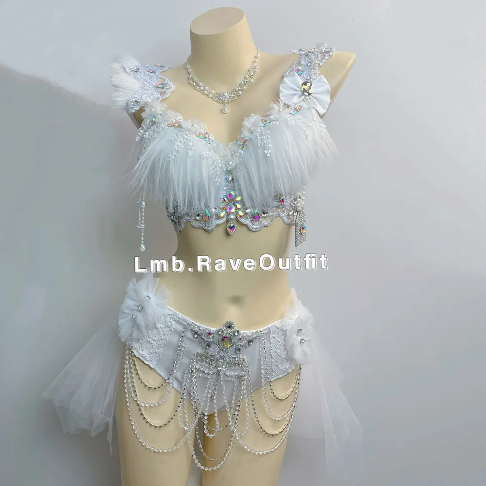 

Sexy Nightclub DJ Bikini Music Festival Clothing White Feather Tassel Rhinestone Bra Set Women Pole Dancing Costume Rave Outfit