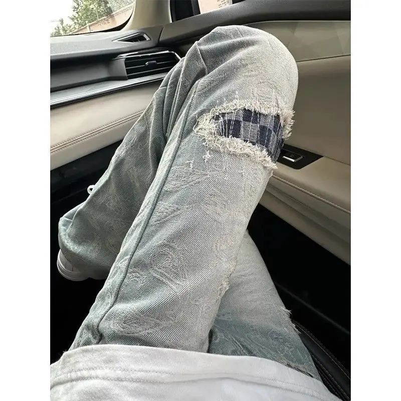 

Новинка 2023 года, синие потертые рваные джинсы с искусственными рваными джинсами, тонкие брюки для мальчиков, прямые брюки премиум-класса, широкие брюки для женщин