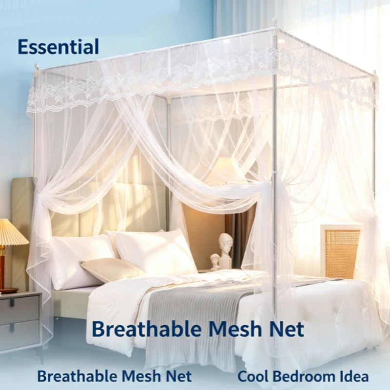 Square Mosquito Net with Lace Canopy, 3-Door Zipper Design for 1.5m/1.8m Beds, Anti-Fall Protection with Thickened Steel Frame