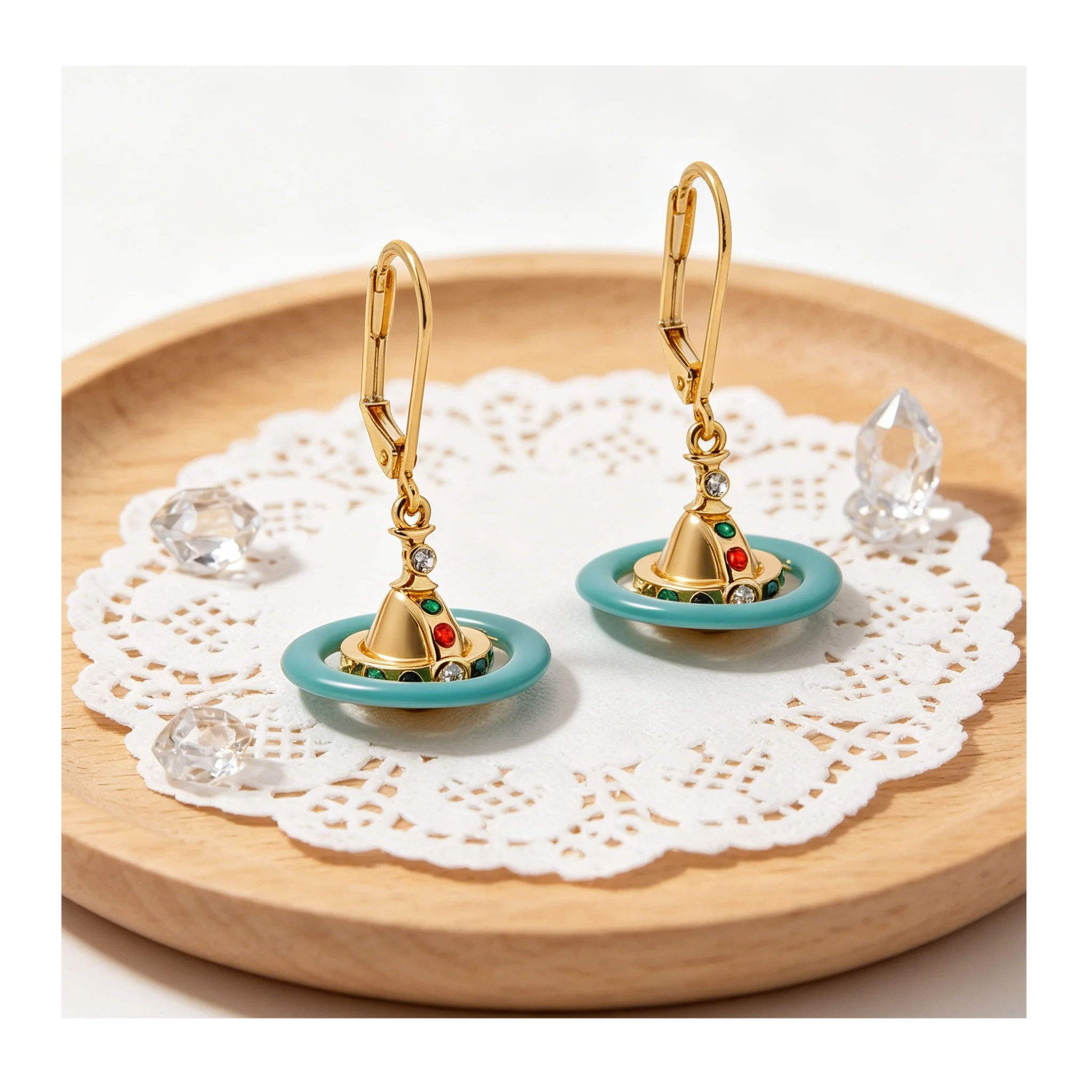Pendientes Colgantes de Orbe Planetario Bicolor con Anillo de Esmalte Colorido y Cristales Multicolor Incrustados, Tipo Argolla con Cierre de Palanca, Oro y Plata, Estilo Retro Gótico, Joyería de Fiesta para Mujer