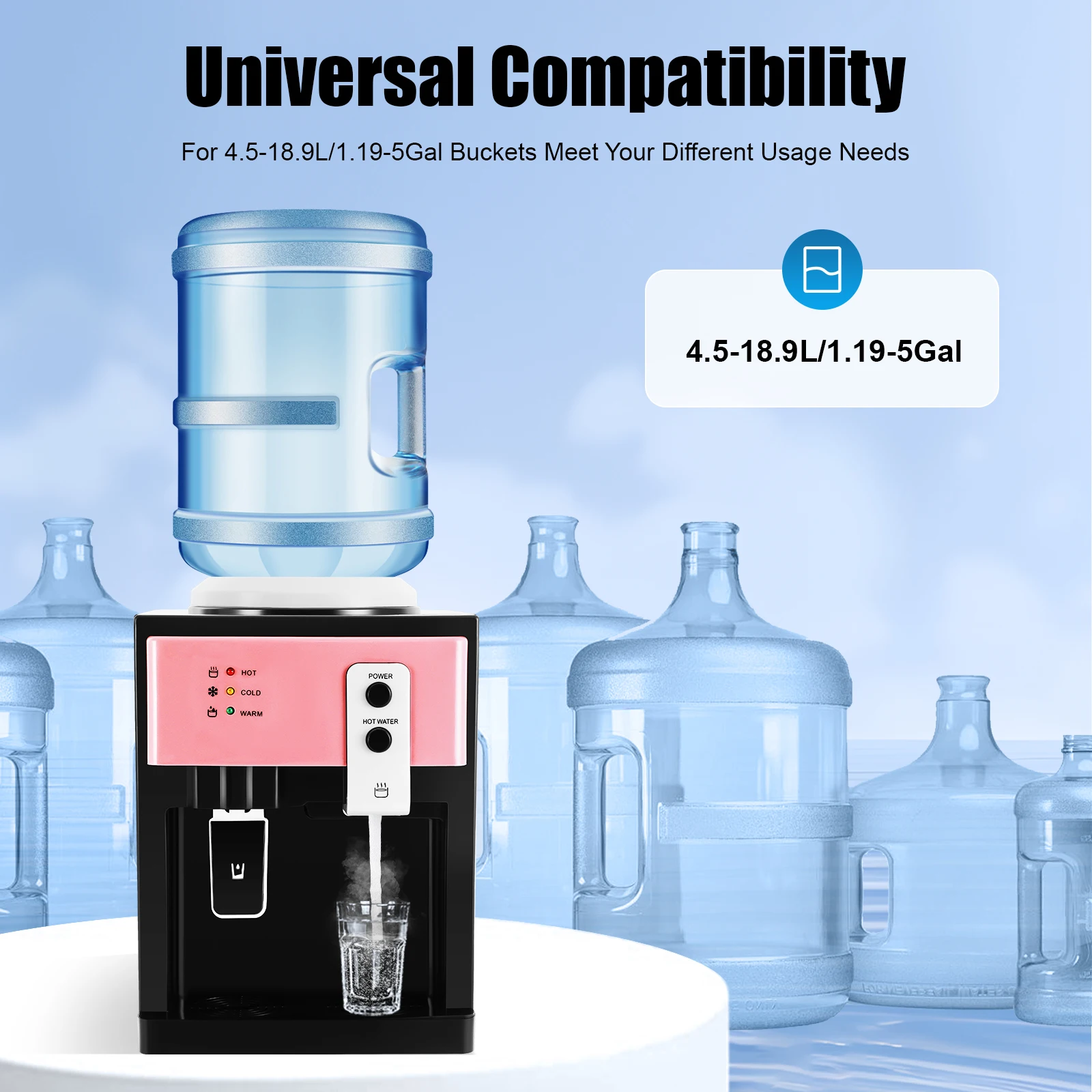 

Top Loading Desktop Electric Water Dispenser Hot and Cold Pink Black PP Stainless Steel Countertop