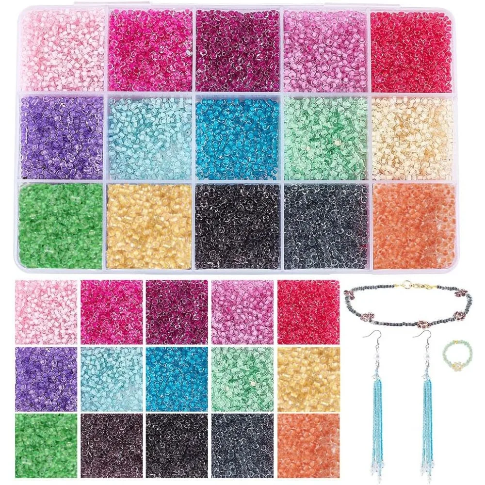 12000pcs 12/0 Glass Seed Beads 15 Colors Pony Beads 2mm Tiny Seed Bead Transparent Silver Lined Seed Bead Mini Spacer