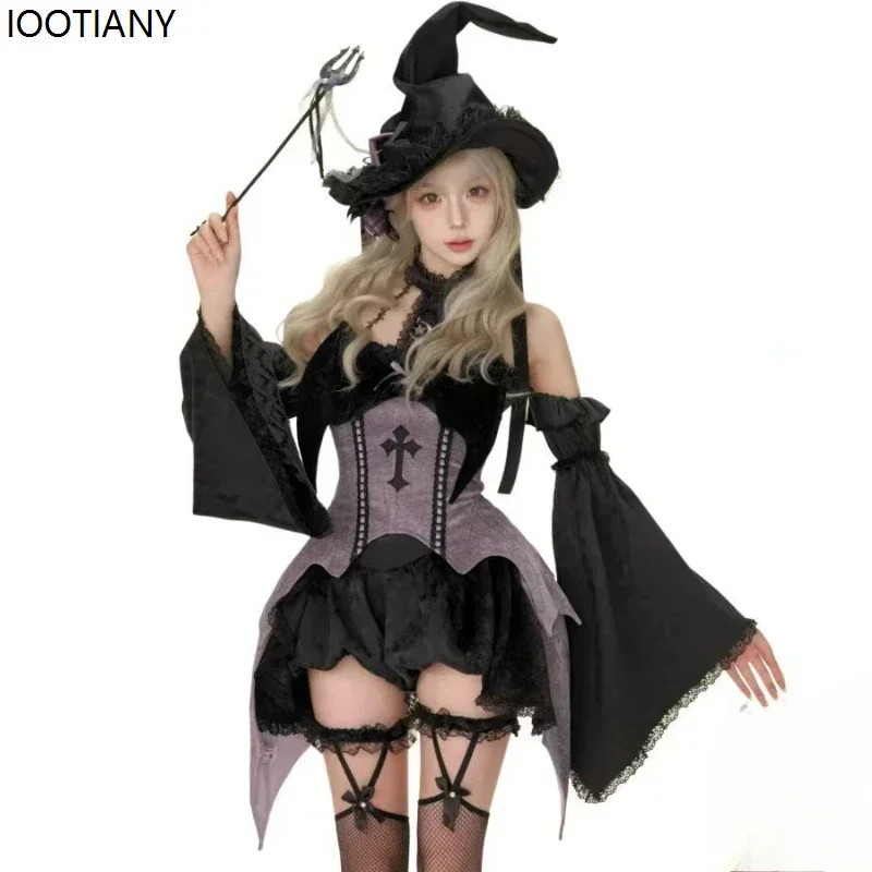 

Cosplay2025 Autumn Winter Sweet Lolita Dress Sets Carnival Gothic Witch Flare Sleeves Top Mini Skirt Korean Vintage Dresses