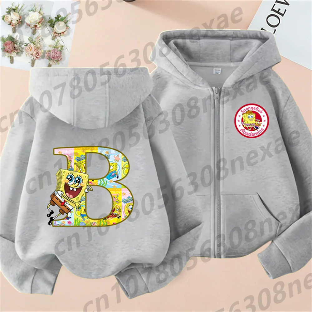 سبونجبوب-هوديي مطبوع بنمط هاراجاكو للأطفال ، سويتر بسحاب ، معطف رياضي ، 26 حرفًا إنجليزيًا