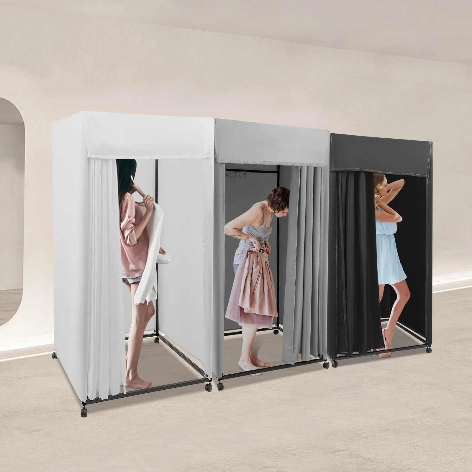 

Portable Movable Fitting Room - 95% Light Blocking, 3-4 People Capacity, Rolling Freestanding Changing Room for Store & Outdoor
